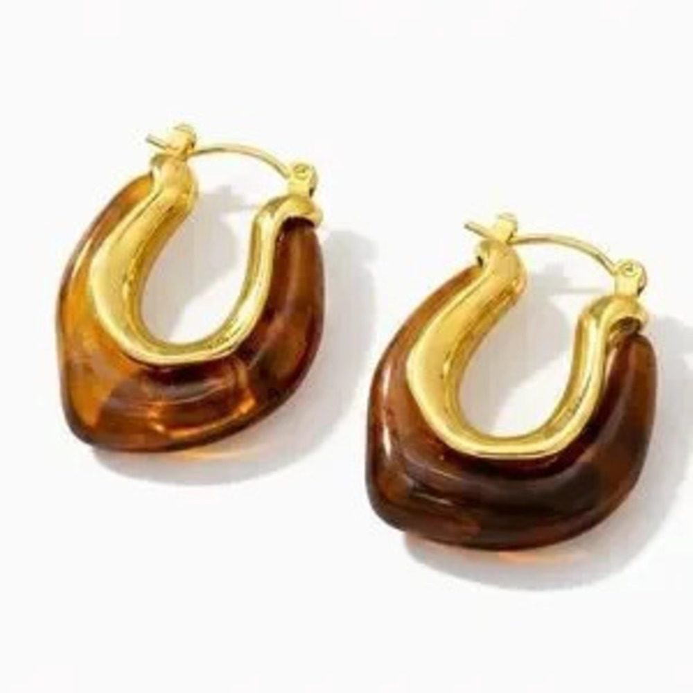 Gold Amber Resin Hoop Earrings (9007)